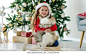 Child girl holding ragdoll cat in Christmas time and sitting on sled. Pretty kid wearing Santa hat with domestic animal at home in New Year with decorated tree