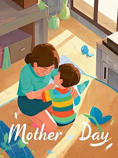 妈妈和儿子，母爱伟大，母亲节，极简主义，留白，手绘风格，超逼真，超清晰，插画手绘，