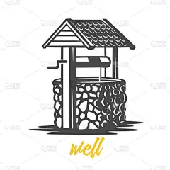 木制水井。黑白插图.