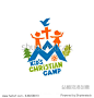 Logo of kid's Christian camp. Mountains, cross, children and pigeon