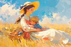 母女拥抱母亲节油画风插画