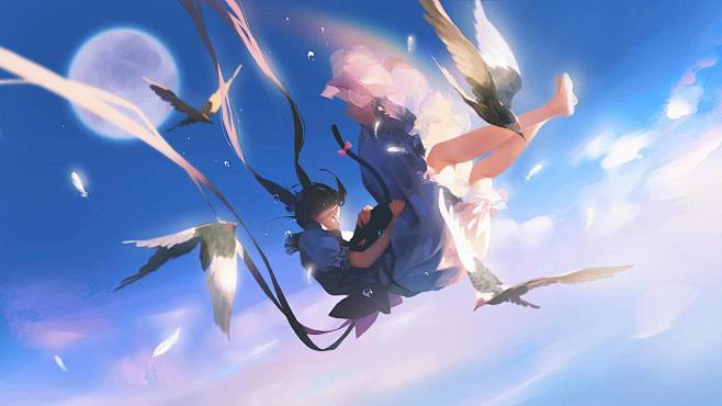 天空坠落天使女孩小鸟儿4k动漫壁纸