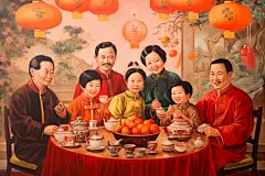 复古春节新年人物油画图片