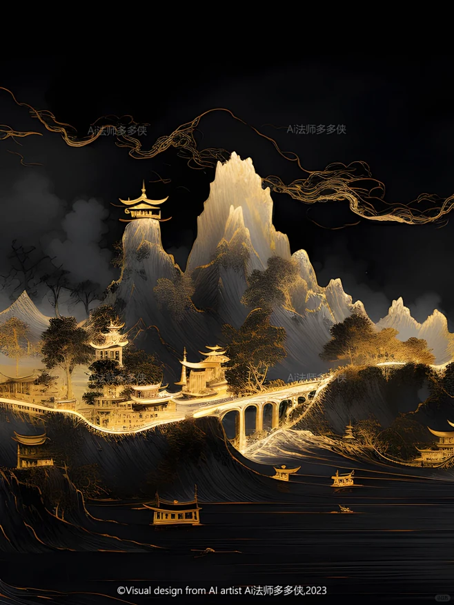 东方美学-鎏金山水|国风山水风景插画-花瓣网