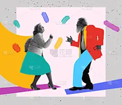 明亮的当代艺术拼贴。20世纪70年代的一对舞伴，80年代流行风格的摇滚舞伴，抽象背景的带有图画的社交