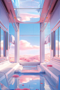 interior of a whole abstract hall, true white, futurism, modernist, minimalist, 3d rendering, overexposure, spot light, light orange and cyan, bright, super detail, Urban technology, the background is empty, the sky is blue and the clouds are white, extre