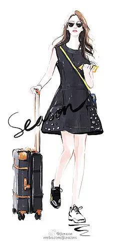 #jjseason插画# #season街拍插画# ----- @刘亦菲 身着Dior 2016早秋系列牛仔裙搭配运动鞋、拼色单肩包，清新少女范现身机场，前往蒙特利尔参加国际电影节。O仙气唯美刘亦菲