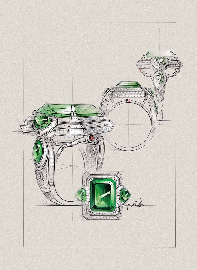 原创手绘祖母绿戒指的三视图和立体效果图