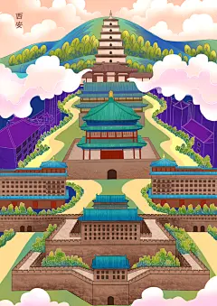 创意手绘中国风旅游城市地标卡通插画