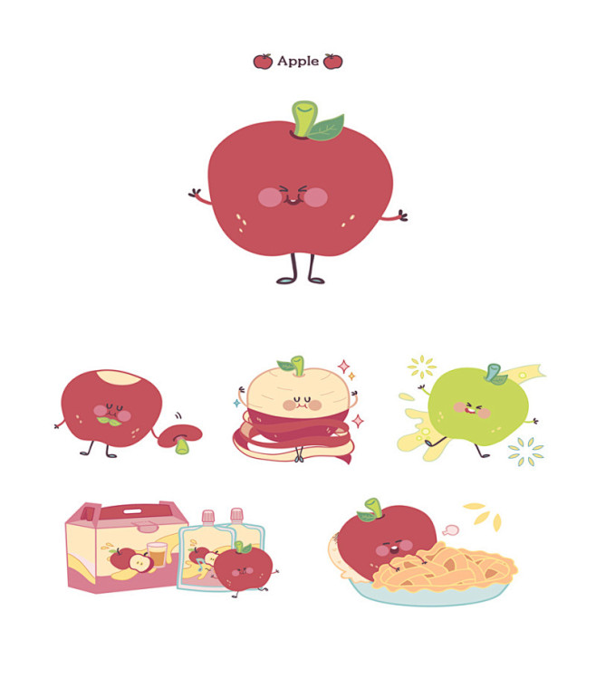 卡通可爱插画风格水果蔬菜苹果表情包矢量设...