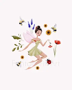 Art print from gouache painting. Garden fairy and her bees image 1