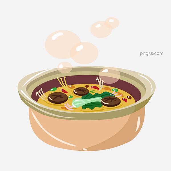 冬季热气腾腾的简笔画小清新美食菌菇砂锅图...