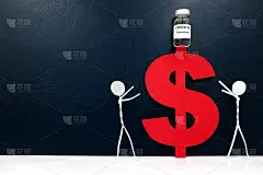 Covid-19疫苗高成本概念。在一个红色的美元符号上，人们用手触摸着一个小瓶。