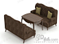 欧式简约棕色碎花双向多人沙发荷花边框长方形实木茶几桌椅组合3d模型