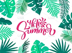 你好,夏天,文字,叶子,边框,可爱的,短语,热,花,问候
