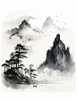 极简主义山水插图，水墨山脉由不同的线条组成黑白
