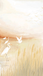 白鹭秋景水彩插画手机壁纸