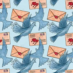 无缝图案的信封，鸽子和心形情人节