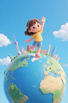 卡通地球旅行儿童人物模型