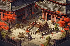 像素游戏风庭院景观四合院插画