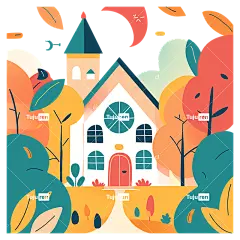 秋天的落叶—秋天的教堂，色彩缤纷的树叶和小路