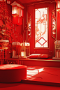 A red room decorated with gold and red, in the style of luminous 3d objects, chinese new year festivities, layered geometry, hyperrealistic details, contest winner, arabesque, light red and white