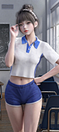 yoly莜莉 3D 运动 女孩 眼镜 蓝色短裤 动漫 美女 手机 壁纸