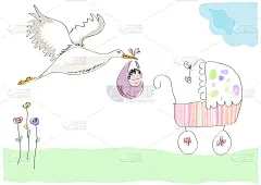 鹳抱着孩子。新出生的声明。这是一个女孩。矢量插图由一个孩子。