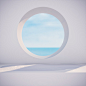 Winter scene with geometrical forms, circle frame. sea view. 3d render background.