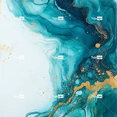 海洋质感，大片空白，碧绿色的水墨笔触，流畅的线条，金粉海报