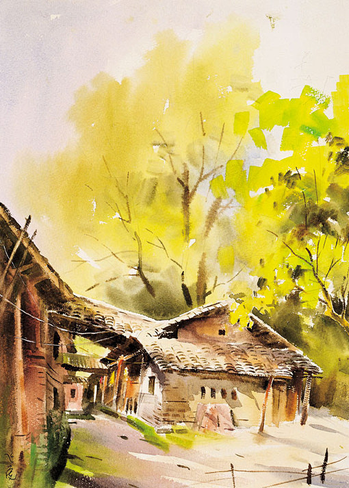 郊外农家陈飞虎水彩画