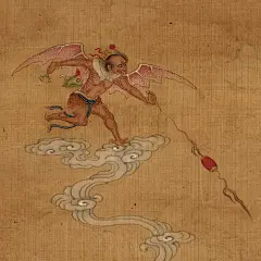 @道教文物藝術
午瑞图
絹本設色掛畫
明代
縱118.5cm 橫63cm

此掛畫原本藏於清宮內府，據載是明代宮廷留存之物。此掛畫雖然風格臨摹唐宋畫意，但仍顯拙劣，四道天師系鎭宅符筆法老道熟練，不應是作為唐宋流傳遺作納入內府收藏，大抵是作為具有功能性的藝術品採購入宮。與此畫類似帶有鎭宅符的靜物掛畫目前留存共有七幅，此為其七。

丹麥國家博物館藏
