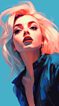 close up digital illustration of a young blonde haired woman licking a lollipop. happy expression, wide open blue eyes, low angle, low cut clothing, in the style of sci-fi, digital illustration, artgerm , colorful palette, black, orange and azure blue