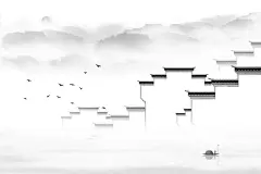 江南水乡水墨插画手绘徽派建筑水彩古风风景背景.psd