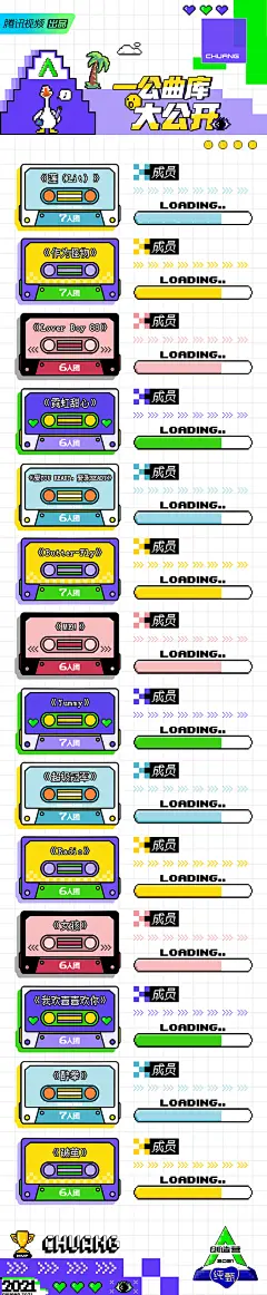 #创造营#2021
#创造营一公歌单#首度公开！
中文歌、日文歌、英文歌；国风、复古风、抒情风...
14种风格各异的舞台即将登场，快来跟海星鹅猜猜男孩们会如何选择？ ​​​​