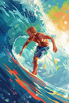 扁平风冲浪戏水夏季插画
