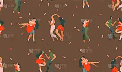手绘矢量抽象卡通现代图形快乐情人节概念插画艺术无缝图案与跳舞的夫妇人一起隔离在棕色背景