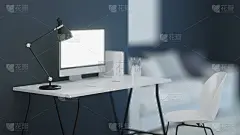 工作场所。办公家具。的夜晚。晚上照明。3 d渲染。