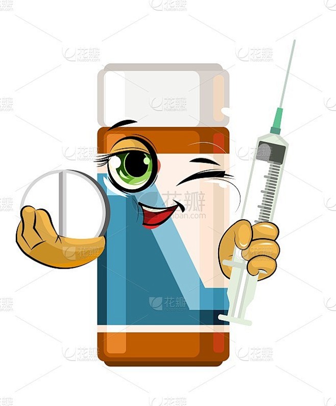 有趣的医学。对儿童插图。注射器。泡泡人物笑了。药用药。制药行业。救护车。药店卡通风格。平面设计。向量