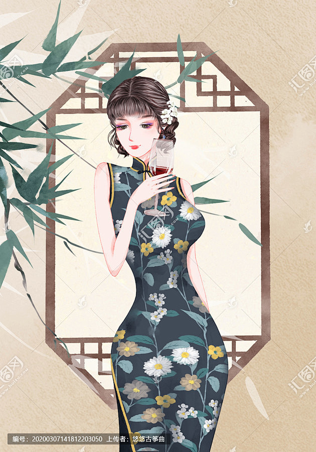 品红酒旗袍美女
