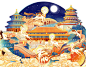 Mid-Autumn Festival packing illustration白鹿追月中秋包装插画 : 【白鹿追月】主题: 中秋系列立体包装插画元素：白鹿、故宫、万里长城、天坛、颐和园，十七孔桥等风格：传统中国风插画: @简爱手绘——————————————本插画作品版权归属客户所有，请勿擅自使用。