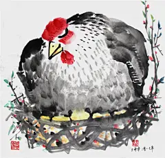 画儿晴天 王净净 水墨插画 生肖鸡 水墨鸡画 国画鸡
