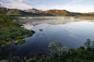 罗弗敦群岛的景观。利兰德斯瓦特湖，后面是山。前景左边的黄色盛开的沼泽金盏花(Caltha palustris)。一层晨雾在水面上形成。在天气好的时候，午夜时分的太阳是蓝色的图片下载