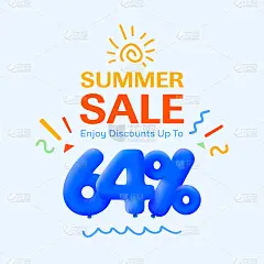 3d蓝色气球太阳矢量设计的夏季特价横幅64%折扣，季节性购物促销广告，插图3d号码标签优惠标签享受折