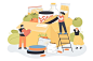 Tiny volunteers sharing canned food and grocery products. help, support and assistance from people with charity cardboard box flat vector illustration. voluntary, delivery of humanitarian aid concept
