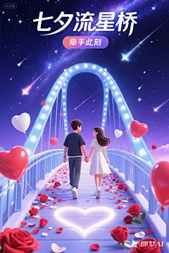 jimeng-2025-08-22-9244-直出关键词_七夕节海报，3DQ版迷你风格，一对情侣在流星桥上牵手前行，场景主视觉
