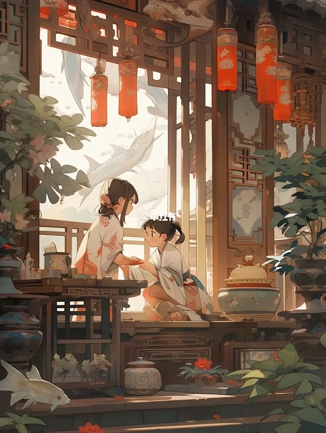 Ai古风插画|一组可爱的国风小女孩-花瓣网
