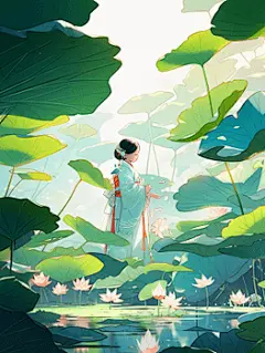 夏日清凉唯美古风女孩站在荷花池里荷叶荷花插画处暑节气清凉节
