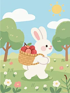 手绘兔子采摘荔枝插画