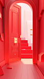 A red door with golden gifts and boxes is behind it, in the style of postmodern surrealism, interior scenes, ambient occlusion, light red, light-filled scenes, modernist inspiration, smooth surface